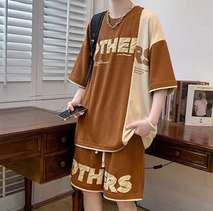 Clothes for Men Alphabet Top Jogging Sports Suits Brown Male T Shirt Sweatpants Shorts Sets Sweatshirt Tracksuit Stylish Loose S