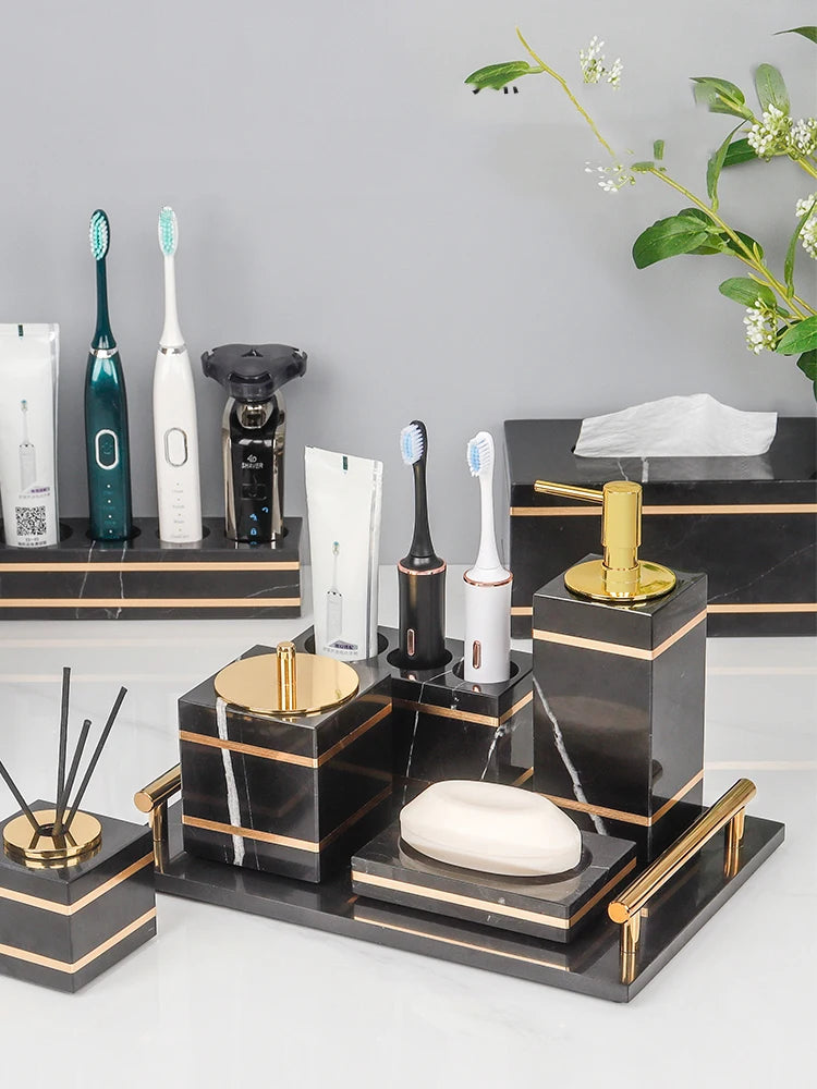 Black Nero Marquin Natural Marble Bathroom Accessories Luxury Gold Soap Dish Soap Dispenser Toothbrush Holder Tray Bathroom Set