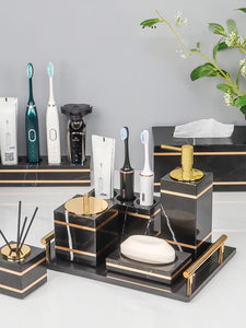 Black Nero Marquin Natural Marble Bathroom Accessories Luxury Gold Soap Dish Soap Dispenser Toothbrush Holder Tray Bathroom Set