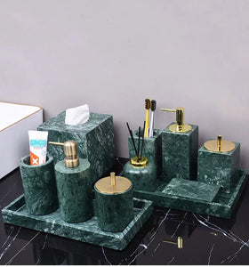 Wholesale Customized Dark Green Natural Marble Bathroom Set Nordic Light Luxury Tray Toothbrush Holder Soap Dispenser Kit