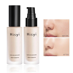HisyI Cream Foundation with smooth texture, full coverage, before and after results showcasing hydration on skin.
