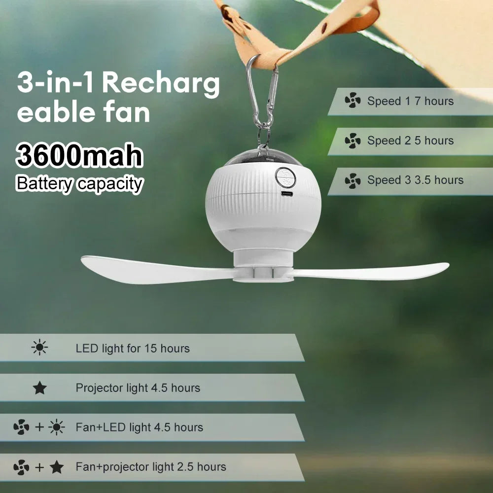 3 in 1 USB Rechargeable Ceiling Fans Light with Stars Projection Light for Outdoor Tent Camping Dormitory Room  Lamp