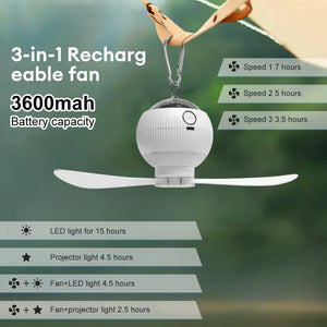 3 in 1 USB Rechargeable Ceiling Fans Light with Stars Projection Light for Outdoor Tent Camping Dormitory Room  Lamp