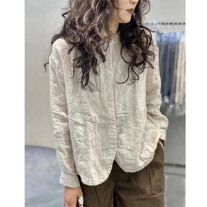 Women's Clothing Vintage Simple Chic Button Up Shirt Solid Casual Cotton Blouse O Neck Long Sleeve Loose Tops Camisas De Mujer