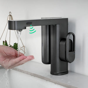 ZAPPO Sensor Bathroom Faucet with Automatic Sensor Smart Soap Dispenser White Basin Sink Faucets Deck Mounted Mixer Tap Black