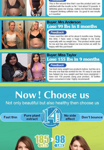 Customer testimonials for weight loss product showing before and after images and weight loss results of 99 lbs and 155 lbs.