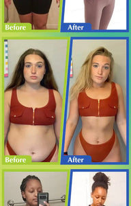 Before and after transformation showcasing weight loss results in stylish swimwear.