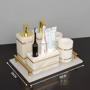 White Onyx Natural Marble Bathroom Accessories Luxury Golden Soap Dispenser Toothbrush Holder Soap Dish Tray Set for Bathroom