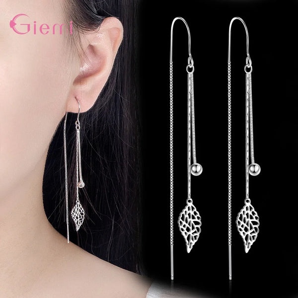 925 Sterling Silver Earrings Fashion Jewelry Simple Hollow Leaf Tassel Long Box Chain Thread Pendientes Ear Decoration Ornaments