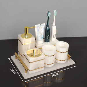 White Onyx Natural Marble Bathroom Accessories Luxury Golden Soap Dispenser Toothbrush Holder Soap Dish Tray Set for Bathroom