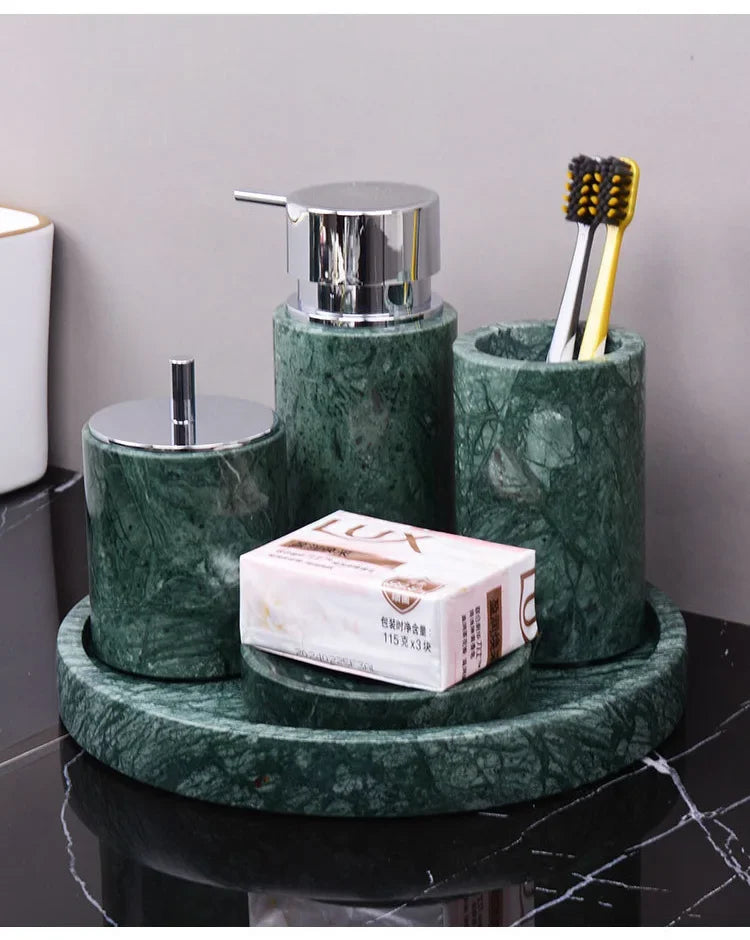 Wholesale Customized Dark Green Natural Marble Bathroom Set Nordic Light Luxury Tray Toothbrush Holder Soap Dispenser Kit