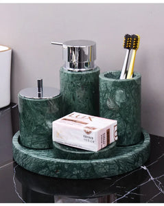 Wholesale Customized Dark Green Natural Marble Bathroom Set Nordic Light Luxury Tray Toothbrush Holder Soap Dispenser Kit