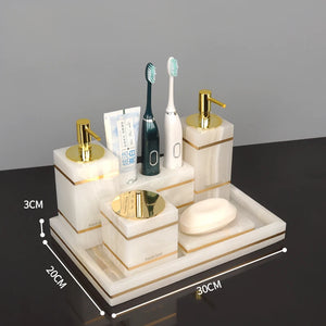 White Onyx Natural Marble Bathroom Accessories Luxury Golden Soap Dispenser Toothbrush Holder Soap Dish Tray Set for Bathroom
