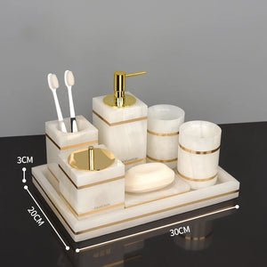 White Onyx Natural Marble Bathroom Accessories Luxury Golden Soap Dispenser Toothbrush Holder Soap Dish Tray Set for Bathroom