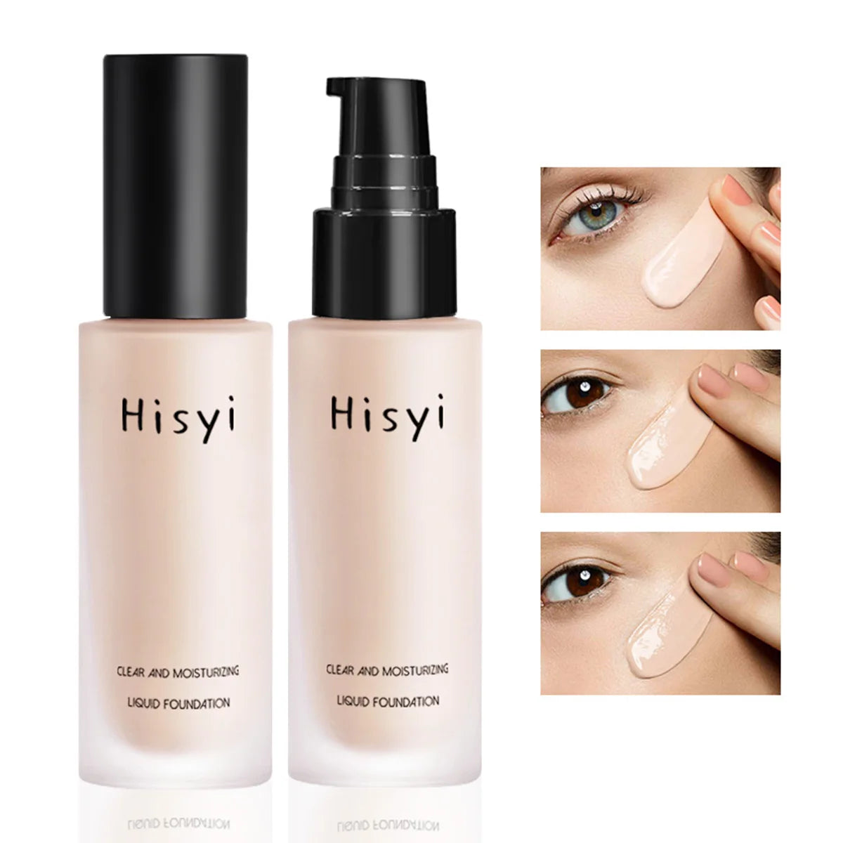 Hisy liquid foundation bottles showing smooth texture and application on skin, designed for full coverage and hydration.