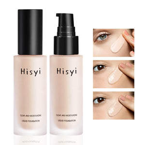 Hisy liquid foundation bottles showing smooth texture and application on skin, designed for full coverage and hydration.