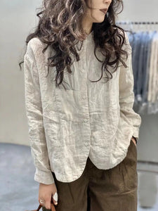 Women's Clothing Vintage Simple Chic Button Up Shirt Solid Casual Cotton Blouse O Neck Long Sleeve Loose Tops Camisas De Mujer