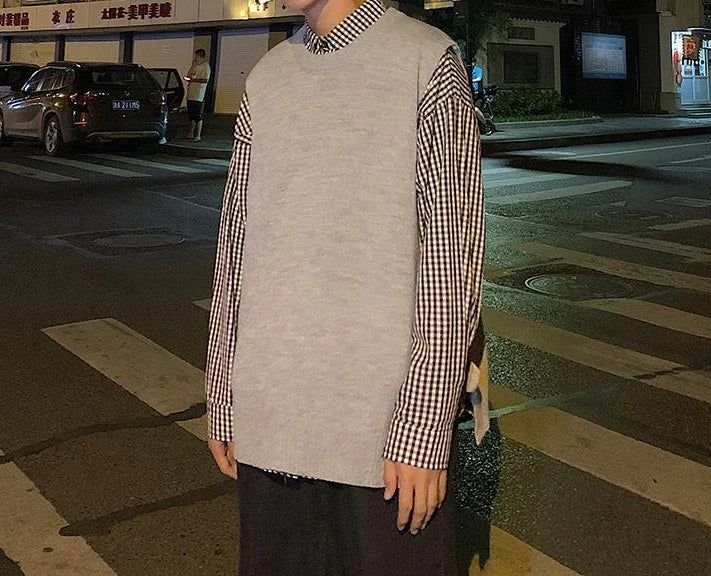 Man Clothes Plain Vest Solid Color Knitted Sweaters For Men Slit Jacket Waistcoat Coat Sleeveless Korean Style Overfit Baggy X