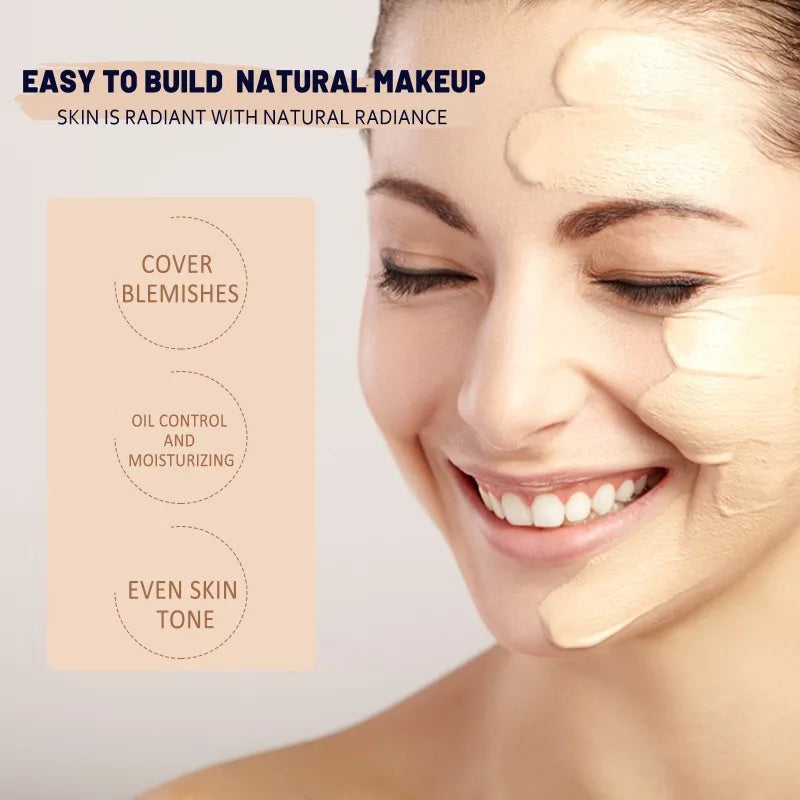 Model showcasing natural makeup with foundation, highlighting blemish coverage, oil control, and even skin tone.