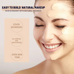 Model showcasing natural makeup with foundation, highlighting blemish coverage, oil control, and even skin tone.
