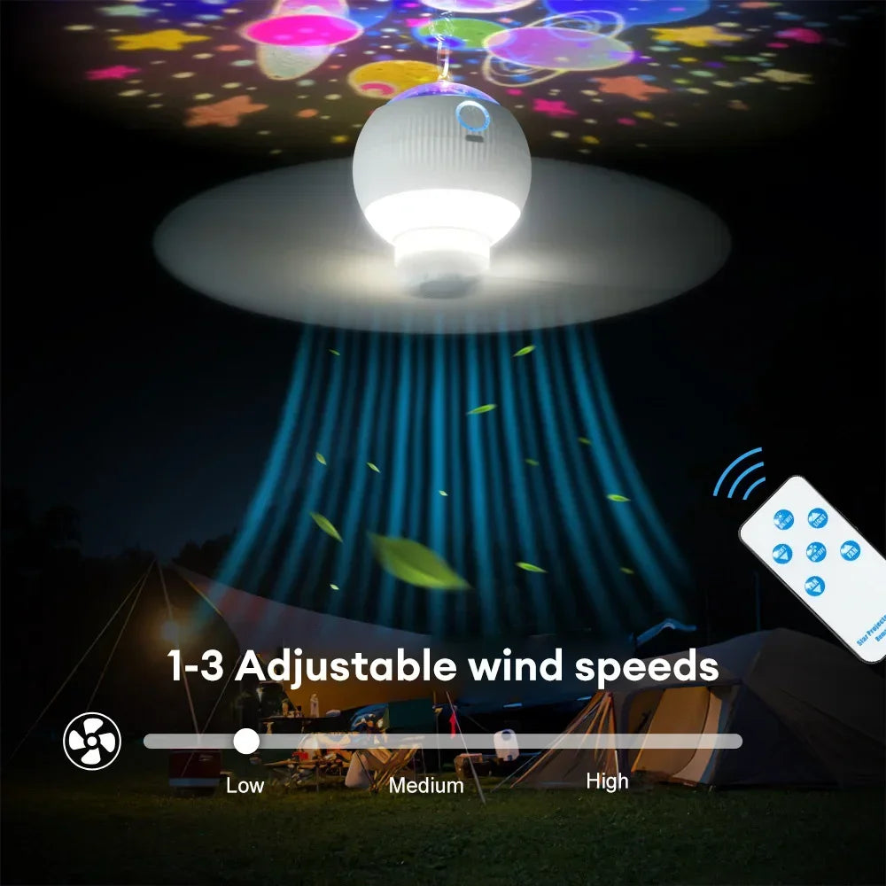 3 in 1 USB Rechargeable Ceiling Fans Light with Stars Projection Light for Outdoor Tent Camping Dormitory Room  Lamp