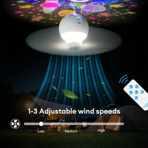 3 in 1 USB Rechargeable Ceiling Fans Light with Stars Projection Light for Outdoor Tent Camping Dormitory Room  Lamp
