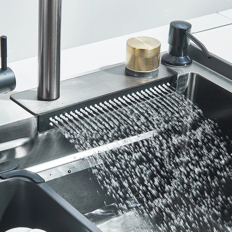 Large 60x45cm Single Slot Kitchen Sink with Faucet 304 Stainless Steel Rainfall 4 Functions Sink with Soap Dispenser,Cup Washer