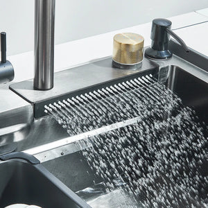 Large 60x45cm Single Slot Kitchen Sink with Faucet 304 Stainless Steel Rainfall 4 Functions Sink with Soap Dispenser,Cup Washer