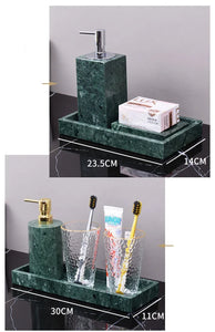 Wholesale Customized Dark Green Natural Marble Bathroom Set Nordic Light Luxury Tray Toothbrush Holder Soap Dispenser Kit