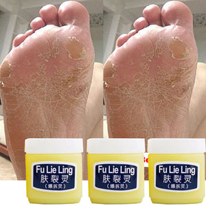 Foot care cream for cracked heels and dry skin treatment, featuring Fu Lie Ling product jars.
