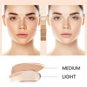 Before and after using CC foundation cream, showcasing Medium and Light shades on skin tone.