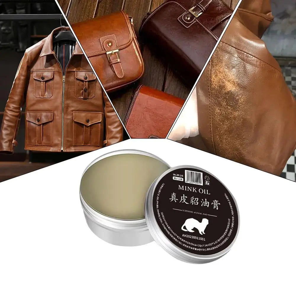 Mink oil leather care cream for preserving shoes, bags, and jackets, nourishes and restores leather finishes.