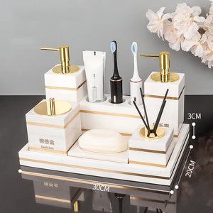 Volakos White Natural Marble Bathroom Accessories Golden Luxury Soap Dish Soap Dispenser Toothbrush Holder Tray Bathroom Set