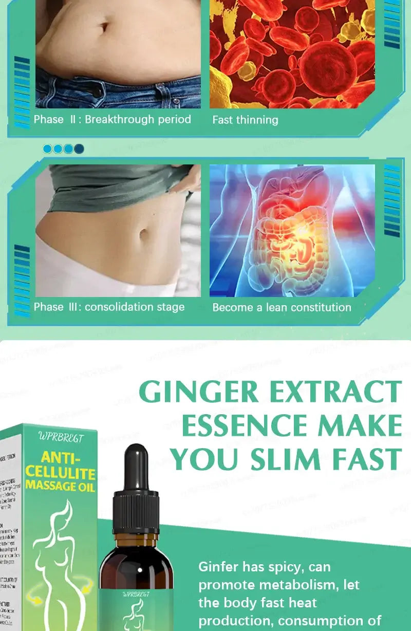 Ginger extract anti-cellulite massage oil with slimming phases for metabolism and body heat enhancement.