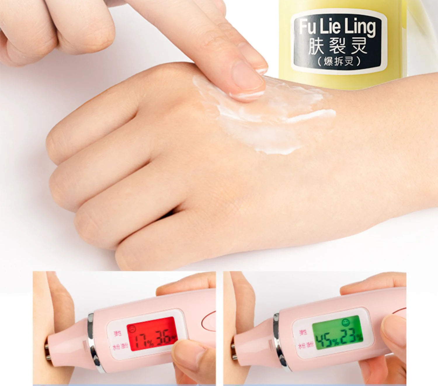 Applying Fu Lie Ling cream on hand with a thermometer showing skin temperature for effective skincare.