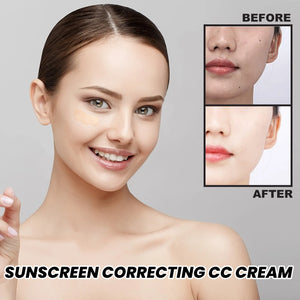 Before and after comparison of Sunscreen Correcting CC Cream showing skin improvement and flawless coverage.
