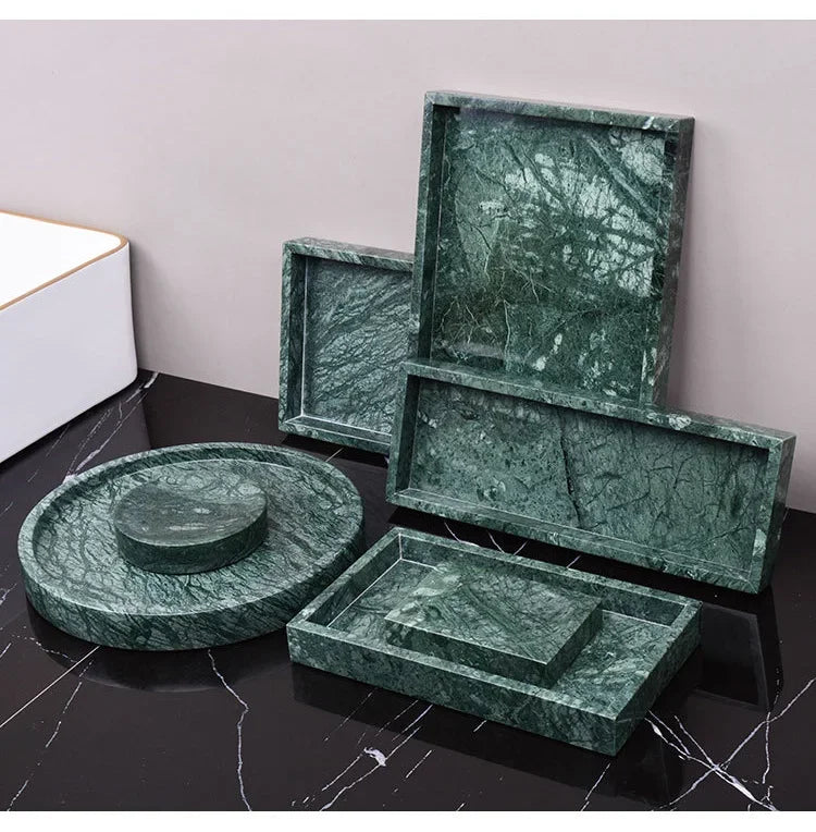 Wholesale Customized Dark Green Natural Marble Bathroom Set Nordic Light Luxury Tray Toothbrush Holder Soap Dispenser Kit