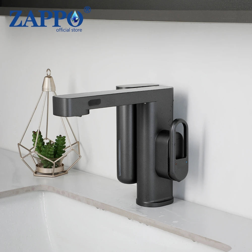 ZAPPO Sensor Bathroom Faucet with Automatic Sensor Smart Soap Dispenser White Basin Sink Faucets Deck Mounted Mixer Tap Black