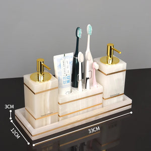 White Onyx Natural Marble Bathroom Accessories Luxury Golden Soap Dispenser Toothbrush Holder Soap Dish Tray Set for Bathroom