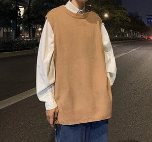 Man Clothes Plain Vest Solid Color Knitted Sweaters For Men Slit Jacket Waistcoat Coat Sleeveless Korean Style Overfit Baggy X