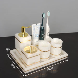 White Onyx Natural Marble Bathroom Accessories Luxury Golden Soap Dispenser Toothbrush Holder Soap Dish Tray Set for Bathroom