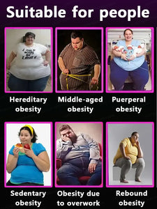 Infographic displaying different types of obesity: hereditary, middle-aged, puerperal, sedentary, work-related, and rebound obesity.