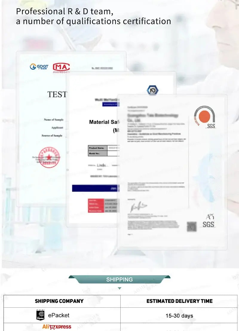 Image displaying qualifications certifications from a professional R&D team, including shipping details and estimated delivery time.