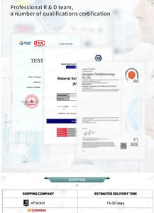 Image displaying qualifications certifications from a professional R&D team, including shipping details and estimated delivery time.