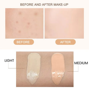 Before and after image of apply CC foundation showing coverage of blemishes and skin tone options: light and medium.