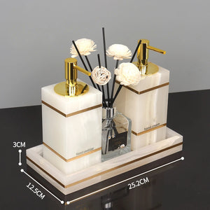 White Onyx Natural Marble Bathroom Accessories Luxury Golden Soap Dispenser Toothbrush Holder Soap Dish Tray Set for Bathroom
