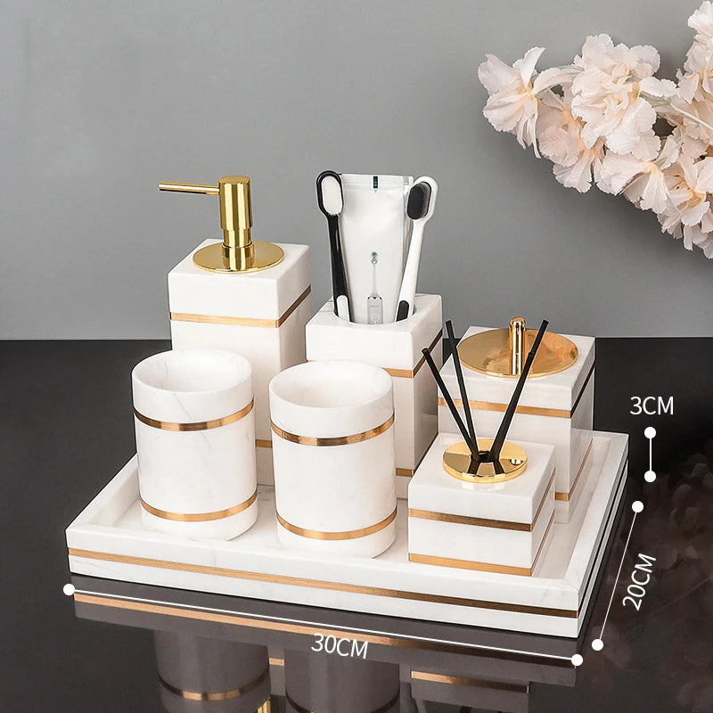 Volakos White Natural Marble Bathroom Accessories Golden Luxury Soap Dish Soap Dispenser Toothbrush Holder Tray Bathroom Set