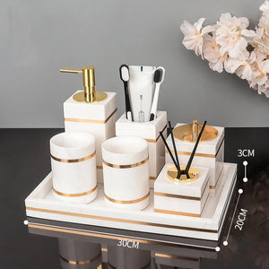 Volakos White Natural Marble Bathroom Accessories Golden Luxury Soap Dish Soap Dispenser Toothbrush Holder Tray Bathroom Set