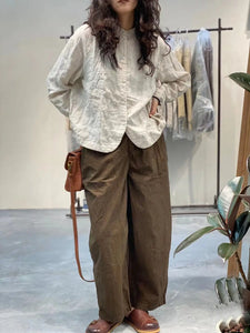 Women's Clothing Vintage Simple Chic Button Up Shirt Solid Casual Cotton Blouse O Neck Long Sleeve Loose Tops Camisas De Mujer