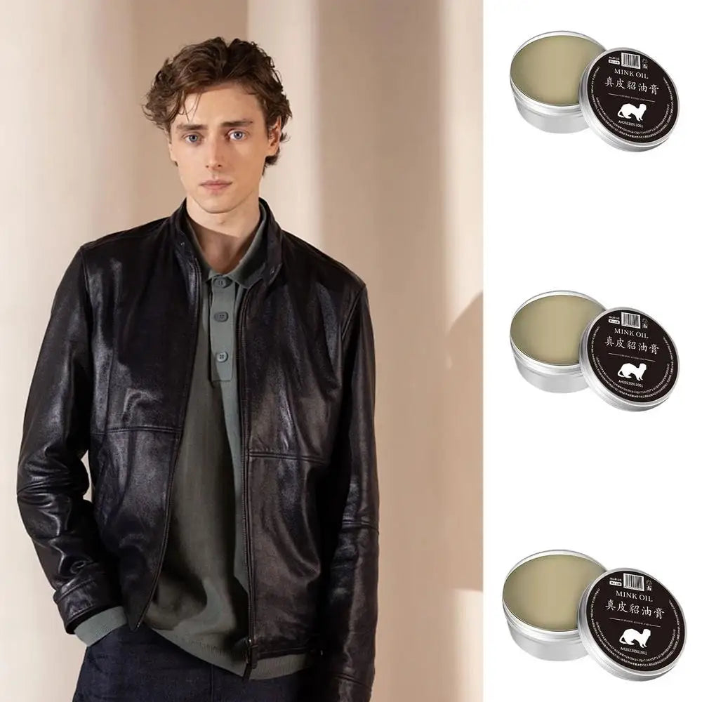 Leather care cream and model in black leather jacket, showcasing ideal maintenance for leather products.